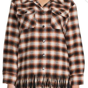 Time and Tru Brown Plaid Teddy Jacket with Fringe